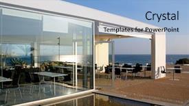  Presentation with cafeteria - Amazing presentation theme having pub design - stylish cafeteria on an ocean backdrop and a light blue colored foreground