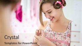  Presentation with breast - PPT layouts consisting of puberty - smiling girl satisfied measuring her background and a coral colored foreground