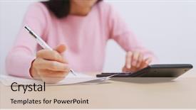  Presentation with calculator - Theme consisting of public accounting - woman using calculator and writing background and a soft green colored foreground