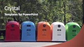  Presentation with recycle plastic - Beautiful slides featuring public awareness - recycle bins for plastic-paper-metal-glass wastes backdrop and a dark gray colored foreground