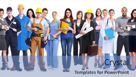  Presentation with cartoon black white people - Slide deck consisting of group of workers people isolated background and a teal colored foreground