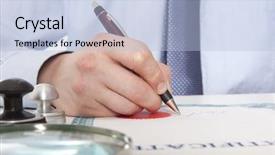  Presentation with notary - Slide set enhanced with public debt - lawyer notary signs the documents background and a light blue colored foreground