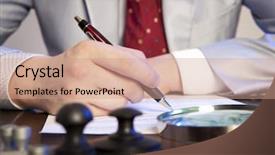  Presentation with notary - PPT layouts enhanced with public debt - lawyer notary signs the documents background and a coral colored foreground