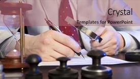  Presentation with notary - Cool new PPT layouts with public debt - lawyer notary signs the documents backdrop and a  colored foreground