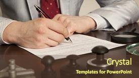  Presentation with notary - Slide set enhanced with public debt - lawyer notary signs the documents background and a tawny brown colored foreground