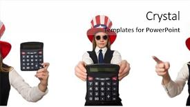  Presentation with calculator - Colorful PPT layouts enhanced with public debt - woman with calculator isolated backdrop and a sky blue colored foreground
