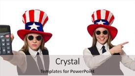  Presentation with calculator - PPT layouts enhanced with public debt - woman with calculator isolated background and a light gray colored foreground