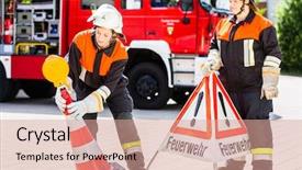  Presentation with fire fighters - Colorful slide set enhanced with public domain - female fire fighters in emergency backdrop and a coral colored foreground