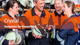  Presentation with fire fighters - Colorful slide deck enhanced with public domain - male and female fire fighters backdrop and a crimson colored foreground