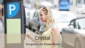  Presentation with female - Slide deck featuring public facilities - young female woman paying background and a soft green colored foreground