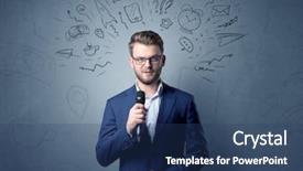  Presentation with public speaking - Beautiful presentation featuring public finance - businessman speaking into microphone backdrop and a ocean colored foreground