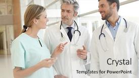  Presentation with public health care - Beautiful slide deck featuring public health patient care - doctors and nurse talking backdrop and a light gray colored foreground