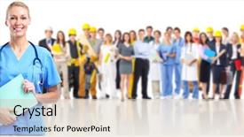  Presentation with medical worker and brain - Amazing slide set having public health patient care - smiling medical doctor over workers backdrop and a  colored foreground