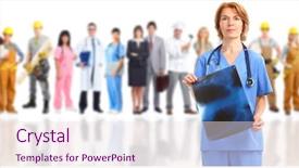  Presentation with medical smiling doctor - Colorful theme enhanced with public health patient care - smiling medical doctor over workers backdrop and a  colored foreground