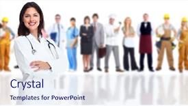  Presentation with public health - Cool new PPT theme with public health patient care - smiling medical doctor over workers backdrop and a sky blue colored foreground