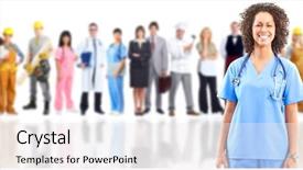  Presentation with medical worker and brain - Colorful slide set enhanced with public health patient care - smiling medical doctor over workers backdrop and a  colored foreground