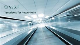  Presentation with moving business - Presentation theme having public office - moving escalator in business center background and a light blue colored foreground
