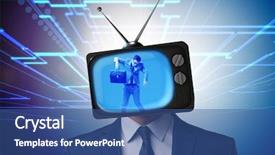  Presentation with addiction - Amazing PPT theme having public opinion - man with television head backdrop and a ocean colored foreground