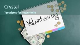  Presentation with green notebook - Colorful presentation enhanced with public outreach - notebook with word volunteering backdrop and a ocean colored foreground