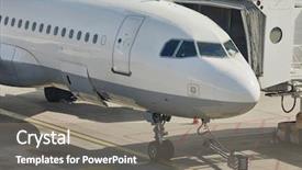  Presentation with airplane and airport - Presentation theme with public service delivery - airplane parked at an airport background and a gray colored foreground