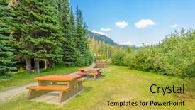  Presentation with british columbia canada - Slide set featuring public space - picnic table in manning park background and a yellow colored foreground