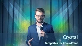  Presentation with public speaking - Audience pleasing slide deck consisting of public speaker - businessman speaking into microphone backdrop and a ocean colored foreground