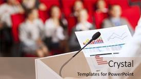  Presentation with audience - Amazing presentation design having public speaker - businessman standing on stage backdrop and a coral colored foreground