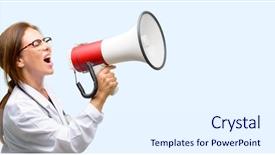  Presentation with medical sales - Amazing PPT theme having public speaker - doctor woman medical professional communicates backdrop and a sky blue colored foreground