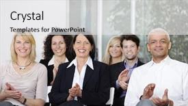 Presentation with company - PPT layouts featuring public speech - business team applauding background and a white colored foreground