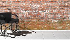  Presentation with disability - Presentation enhanced with public transportation handicap - black disability wheelchair near brick background and a coral colored foreground