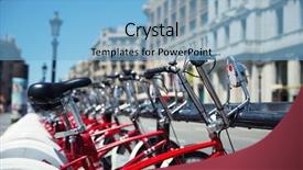  Presentation with snow storm city parks - PPT theme enhanced with public transportation mode - city bicycles for rent parked background and a light blue colored foreground