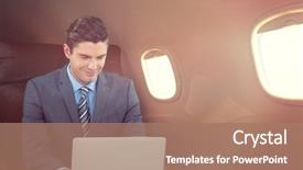  Presentation with laptop - Presentation theme consisting of public transportation mode - happy businessman using laptop background and a  colored foreground