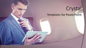  Presentation with tablet - Cool new slide deck with public transportation mode - thoughtful businessman looking at tablet backdrop and a light gray colored foreground