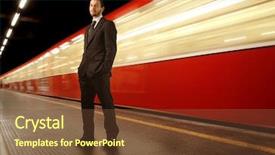  Presentation with public transportation - Presentation enhanced with public transportation technology - businessman standing on a subway background and a tawny brown colored foreground