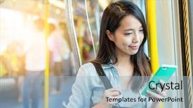  Presentation with transportation train - Theme consisting of public transportation wifi - woman use of mobile phone background and a light blue colored foreground
