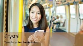  Presentation with transportation train - Slides featuring public transportation wifi - woman using smart phone inside background and a coral colored foreground