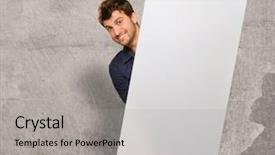  Presentation with wall - Colorful slide set enhanced with publicidad - young man holding banner backdrop and a light gray colored foreground