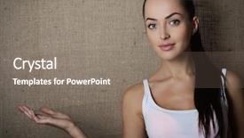  Presentation with woman covering man mouth hand - Cool new slide deck with publicit emotion - young attractive woman pointing backdrop and a gray colored foreground