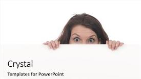  Presentation with scary - Slide deck having publicit emotion - young scary woman holding white background and a cream colored foreground
