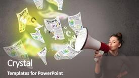  Presentation with newspapers - Audience pleasing presentation consisting of publicity - cute girl yelling into loudspeaker backdrop and a gray colored foreground