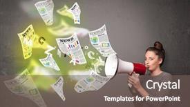  Presentation with newspapers - Colorful slide deck enhanced with publicity - cute girl yelling into loudspeaker backdrop and a gray colored foreground