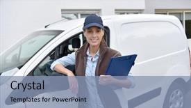  Presentation with delivery van - Beautiful slide set featuring publicity - delivery woman standing by van backdrop and a light blue colored foreground