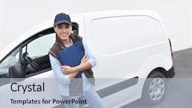  Presentation with delivery van - Slide deck enhanced with publicity - delivery woman standing by van background and a light blue colored foreground