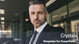  Presentation with successful women entrepreneurs - PPT theme with publicity - portrait of a successful young background and a dark gray colored foreground