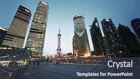 Presentation with finance financial business economy exchan - Presentation design featuring pudong financial district shanghai china background and a tawny brown colored foreground