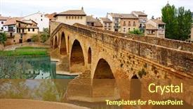  Presentation with cable stayed bridge over river - Theme having puente de la reina in saint james way bridge over arga river in pamplona background and a tawny brown colored foreground