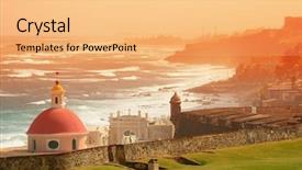  Presentation with old buildings - Presentation design featuring teotihuacan - old san juan ocean view background and a yellow colored foreground