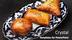  Presentation with pastries - Slides featuring puff-pastries-with-meat-samosa background and a dark gray colored foreground