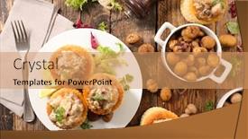  Presentation with pastry cream - Theme consisting of puff pastry stuffed with chicken and cream background and a coral colored foreground