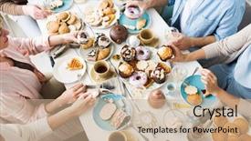  Presentation with birthday celebration - PPT theme featuring puffs and pastry with tea background and a coral colored foreground